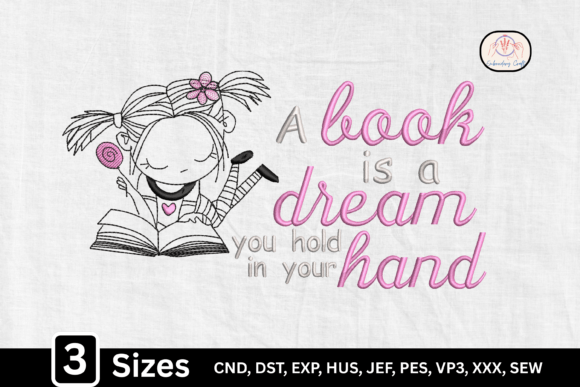 Kawaii Girl Reading Book Quotes: A Charming Embroidery Design